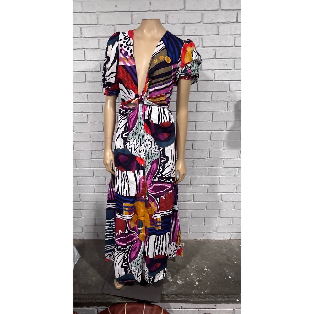 Gabrielle Union NY&Co Abstract Floral Tie Front Maxi Dress Boho Excellent L